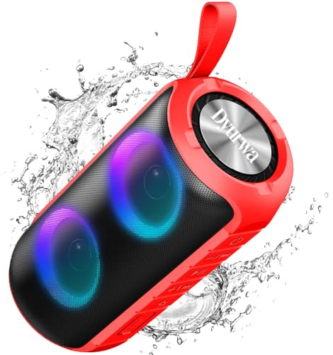 Bluetooth Lautsprecher, 1800mAh Musikbox Bluetooth 5.3 Eingebautes Mikrofon, Tragbarer Outdoor Lautsprecher DSP Stereo Sound, RGB Multi-Color für Party, IPX6 Wasserdicht, 52mm Durchmesser, USB-C Rot