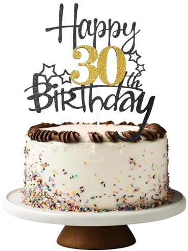 1PCS 30th Birthday Cake Topper, Glitter 30th Cake Decorations, Cheers to 30 Years Birthday for Happy 30 Anniversary Party Cakes Decorations Supplies Black Gold