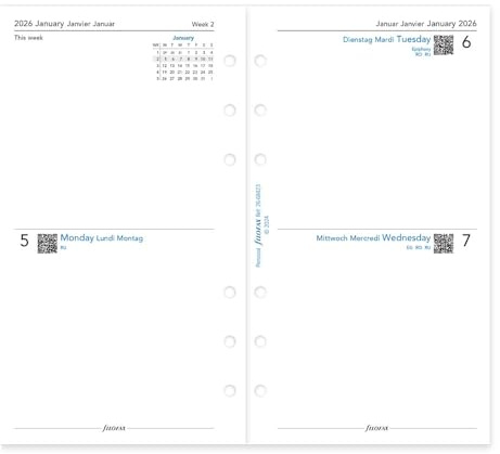 Filofax Kalender-Tagebuch-Nachfüllpackung, persönliche/kompakte Größe, zwei Tage auf einer Seite, weißes Papier, unliniert, dreisprachig, 2026 (C68423-26)