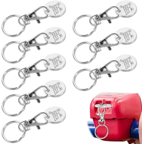 Nogotizam 8-Pack Metal Shopping Cart Tokens with Keyrings – Fits £1 & €1 Coin Slots for Hassle-Free Supermarket Trolley Access