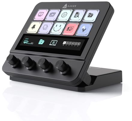 AJAZZ AKP05E Wired Macro Keypad Stream Controller Deck, Gaming Shortcut Keyboard with 10 Programmable Keys and 4 Knobs, Customizable Touchscreen, for YouTube, Desk Office Setup, Laptop, PC, Black