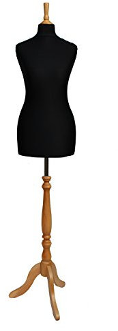 The Shopfitting Shop Manichino Deluxe Prova Abiti, da Donna, Taglia 40/42, da Sarto, Busto, Copertura in Jersey Nero, con treppiede in Legno Color faggio