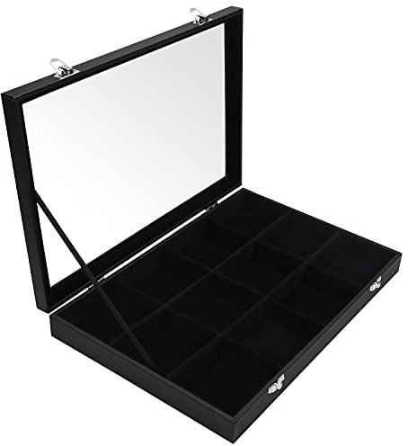 Belle Vous Schmuckkasten Aufbewahrung mit Deckel Schwarze Ring Schmuck Samt Box mit 12 Fächern & Glasdeckel - Stapelbar Schubladen für Ringe, Halsketten, Armbänder, Schmuckaufbewahrung Ohrringe &Uhren