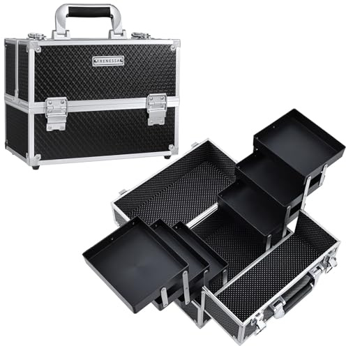 FRENESSA Makeup Train Case Makeup Case 11.8 Inch Large Cosmetic Box Organizer Travel Storage Professional Make Up Train Carrying Case with 6 Trays Locking Hard Vanity Storage Black