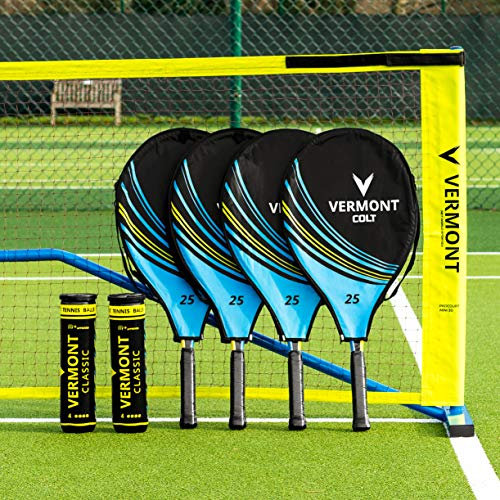 Vermont Procourt Mini Tennisnetz und Schläger Set │ Kinder, Jugendliche, Erwachsene │ Netz, Pfosten, Schläger und Bälle Werden alle enthalten (9m Netz, Jugendliche Schläger 61cm)