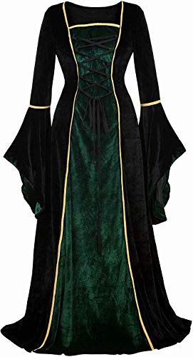 Disfraces Mujer Medieval renacentista Vestido Terciopelo Manga Corta Vintage Victoriano gotico con Manga Larga de Llamarada Negro Verde m