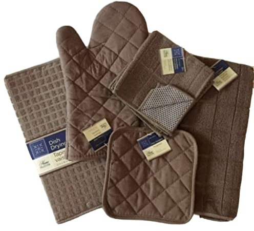 Kitchen Towel Set with 2 Quilted Pot Holders, Oven Mitt, Dish Towel, Dish Drying Mat, 2 Microfiber Scrubbing Dishcloths (Toffee)