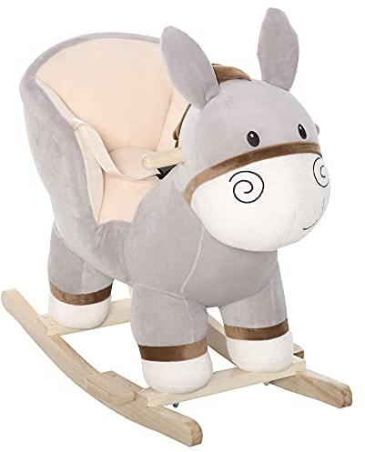HOMCOM Kids Rocking Horse, Children Plush Ride On Donkey Animal Rocker w/Sound, Wood Base Seat, Safety Belt, Baby Toy Rocker for Toddler 18-36 Months, Grey