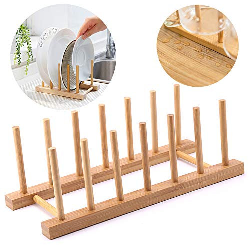 Ziyero Rack Plateau Rangement Porte Vaisselle Cuisine Plaque Bambou Egouttoir Verticale Support Bambou Assiettes pour Assiettes, Bols, Tasses, Couvercles Casseroles, Planches Découper,Livres—6 Grilles