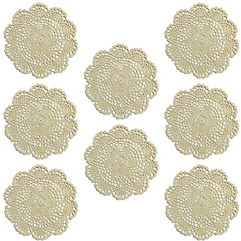 Phantomon 8 Inch Doilies Crochet Round Lace Doily Handmade Placemats 100% Cotton Crocheted Coasters, Flower Design, Pack of 8 (Beige)