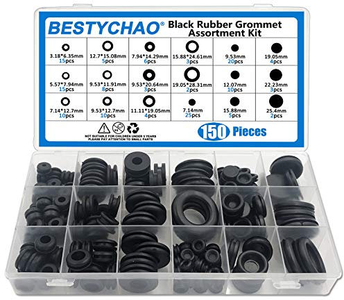 BESTYCHAO 150pcs 18 Größen Schwarze Gummitülle Elektrischer Leiter Dichtungsring-Sortiment zum Schutz von Drähten, Steckern und Kabeln