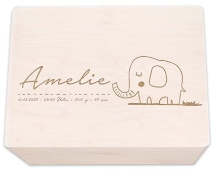 hellomini Personalisierte Erinnerungsbox aus Holz • Gravierte Aufbewahrungsbox mit Namen & Geburtsdaten • Geschenk zur Geburt, Taufe & Geburtstag • Hochwertige Baby-Erinnerungskiste (Elefant)