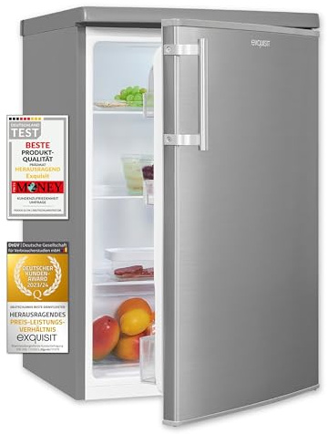 Exquisit KS16-V-H-040E Kühlschrank - Standgerät mit 127 L in Inoxlook | Kompakter Vollraumkühlschrank mit Glasablagen, Gemüsefach und LED-Beleuchtung - leise 39 dB - Türanschlag wechselbar