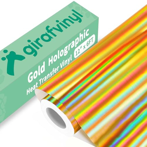 GIRAFVINYL Goldenes holografisches Wärmetransfer-Vinyl, weiche Folie, zum Aufbügeln, Vinyl, 30,5 cm x 1,8 m, leicht zu jäten, goldfarbenes HTV-Vinyl für T-Shirts und andere Stoffe
