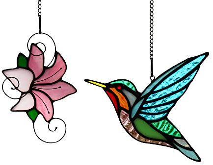 HAOSUM Kolibri mit Lilie Blume Buntglas Fensterbehang, Kolibri-Dekorationen, Sonnenfänger für Fenster, handgefertigte Glasmalerei Lilie Blume Home Decor Geschenke (Kolibri mit Blume)