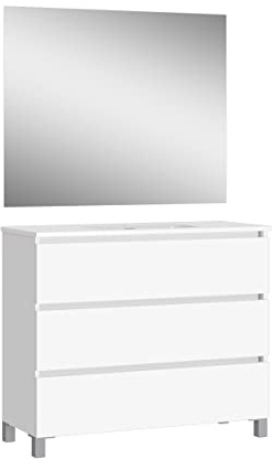 Baikal Conjunto de Mueble de Baño Neo con Espejo Luna Lisa, Tres Cajones o Dos Puertas, Mueble con Patas. Varios Acabados y Medidas. Melamina 16mm. Mueble MONTADO. 3c 90 Blanco