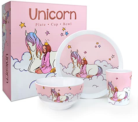 Unicorn Plastic Plates and Bowls Set for Kids – 3-Piece Shatterproof Dinnerware Set with Toddler Bowl, Plate, and Children's Cup – BPA-Free Plastic Dinner Set for Toddler Girls and Boys