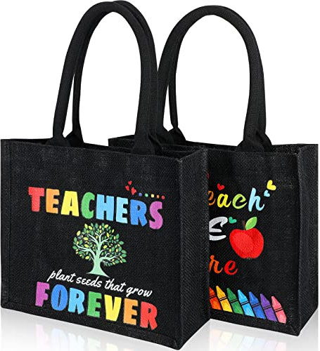 2 Stück Lehrer-Wertschätzungstasche, schwarze Lehrer-Geschenke, wiederverwendbare Jute-Tragetasche, lustige Lehrer-Tasche, Strand-Lehrer-Tragetasche mit Griffen für Frauen, schwarz, Large