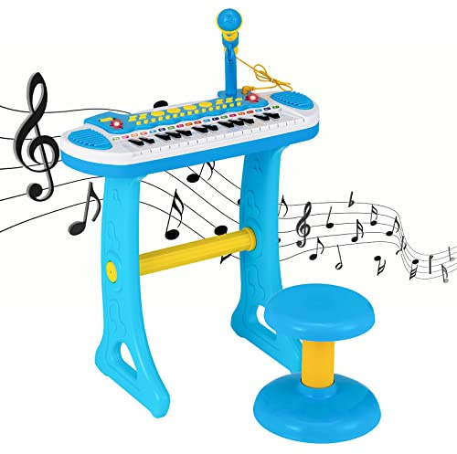 GYMAX 31 Keys Kids Piano and Stool, Children Electronic Piano with Stand, Adjustable Microphone, Flashing Light, Record & Playback Functions, Portable Toy Pianos for 3 Years old + Girls Boys (Blue)