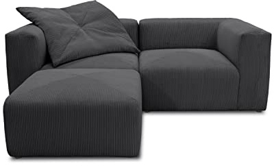 DOMO. collection Ecksofa Malia, L-Form 3 Module, Anthrazit | Cord-Modulsofa in L-Form 3 Module mit 2 Ecksesseln und Polsterhocker, flexibel kombinierbar, 216 x 193 cm