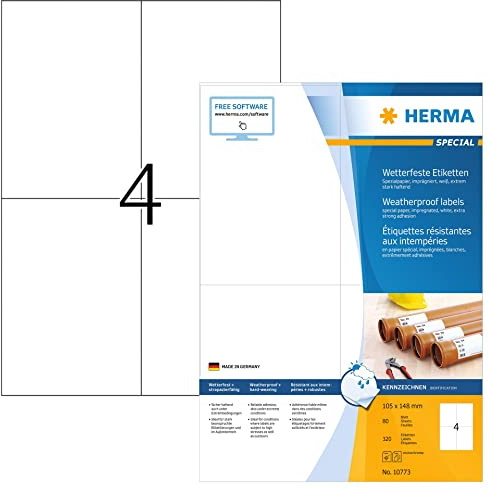 HERMA 10773 Wetterfeste Etiketten imprägniert, 80 Blatt, 105 x 148 mm, 4 Stück pro A4 Bogen, 320 Aufkleber, selbstklebend, bedruckbar, matt, blanko Outdoor Klebeetiketten aus Spezialpapier, weiß