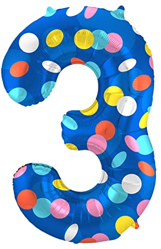 Folat 64183 Luftballon Geburtstag Ziffer Zahl 3 Colorful Dots Blau mit farbigen Punkten 86 cm - Helium Ballon Decoration Geburtstagdeko, Ballon Zahl