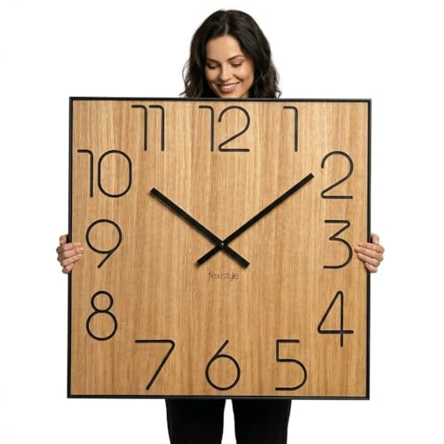 FLEXISTYLE Holzwanduhr Wood Square Holz Eiche 60cm Durchmesser holzoptik ohne tickgeräusche