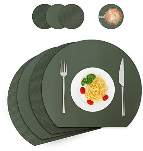 Tischsets und Untersetzer aus Kunstleder, Platzdeckchen abwaschbar,Platzsets abwaschbar,Tischdeko,Tischset rund,Platz-Matten für Küche Speisetisch,4er-Set (Halbkreis, grün)