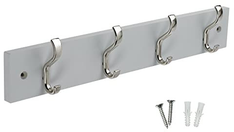 keypak Minimalistic Wall-Mounted Coat Rack – 4 Hooks on Stylish Modern Wooden Base for Wall & Door – 38cm – All Fixings Included (Satin Nickel/Dove Grey)