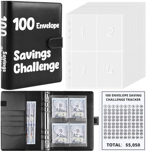 SKYDUE 100 Envelopes Money Savin Challenge Binder, A5 Money Saving Budget Binder with Cash Envelopes - Savings Challenges Book to Save $5,050