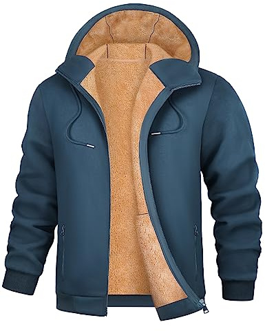 Xnova Mens Hoodies Long Sleeve Fleece Lined Ribbed Cuff Winter Extra Warm Mens Windproof Jackets Zip up Hoodie with Zip Pockets Thick Sweatshirts, Blue, XL