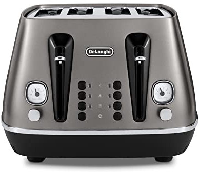 De'Longhi Distinta Titanium CTIN4003.TB, 4 Slot Toaster, Reheat, 6 Browning Settings, Defrost and Cancel Functions, Pull Crumb Tray, 1800W, Titanium Black
