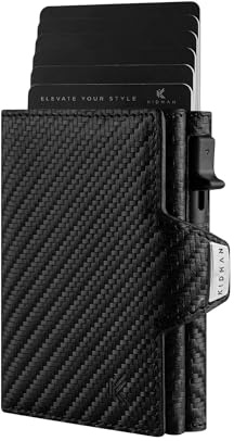 KIDMAN Icarus I Echtleder Slim Wallet mit Alucase I großes Scheinfach I Kleines Portemonnaie für Herren mit RFID I Mini Geldbörse für Männer I Kartenetui für bis zu 9 Karten I Carbon