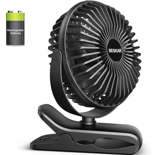 BESKAR Ventilatore portatile a clip ricaricabile, 4 velocità, piccolo ventilatore a batteria, ventilatore da scrivania USB con forte flusso d'aria, morsetto robusto per golf cart ufficio all'aperto