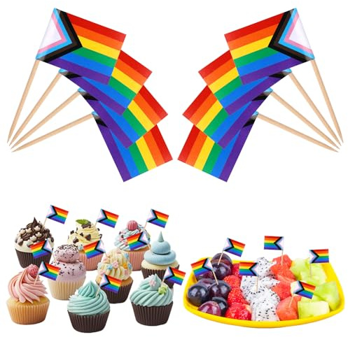 200St Regenbogen Flagge Zahnstocher, Mini Progress Pride Zahnstocher Flagge LGBT Cupcake Topper Regenbogen Cocktail Zahnstocher für Regenbogen Karneval Party Dekoration
