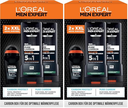 L'Oréal Men Expert Geschenkset für Männer mit 5-in-1 Deodorant und XXL 5in1 Duschgel für Haar, Körper und Gesicht, Vorteilspack mit Carbon Protect Deoroller und Pure Carbon Bodywash, 3-teilig
