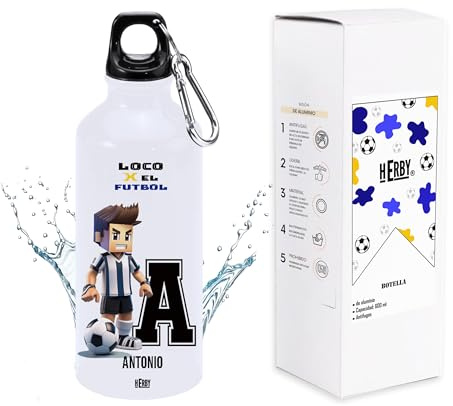 Botella de agua para niños personalizada con inicial y nombre bidón de aluminio para fanáticos del futbol cantimplora ligera de agua para llevar de 600 ml con dos tapones