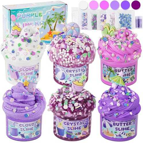 LAWOHO 6 Stück Farbverlauf Lila Slime Set - Fluffy Cloud Wolkenschleim, Butter Schleim & Clear Slime, Crunchy Slime für Kinder, Geburtstag Halloween Weihnachten Geschenk für Mädchen & Jungen (Strand)
