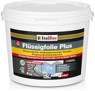 Isolbau Flüssigfolie PLUS 4kg - Dichtfolie für innen & Außenbereich - für Wand & Boden - Balkonabdichtung, Terrasse - Lösemittelfreie, wasserdichte Abdichtung Dichtmasse