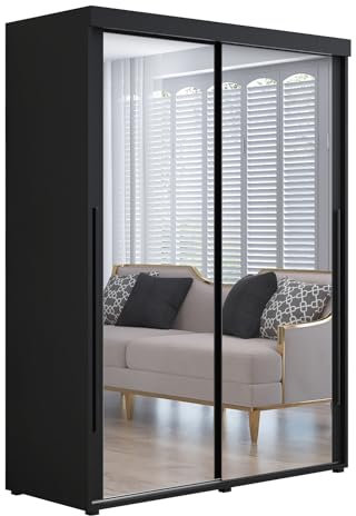 Meble Slupia Kleiderschrank IGA 2 - Schiebetüren mit Zwei Spiegel - Holzwerkstoff, Kleiderstange, Geteilte Tür - Für Schlafzimmer, Vorraum, Garderobe - Schwarze Griff - 170x202x62 cm, Schwarz