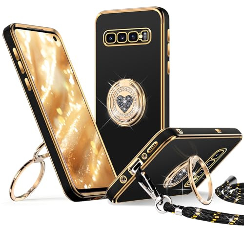 XYZ für Samsung Galaxy S10 Hülle mit Band, Schwarz | Herzen Doppelring Ständer HandyHülle, Frauen Mädchen Dünn Stoßfeste Case mit Handykette, Anti Kratzt SchutzHülle