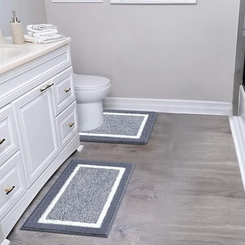 SHACOS Bathroom Rug Mat Set, Microfiber Shaggy Bath Mat, Non-Slip Soft Bathroom Carpet, Super Absorbent Quick Drying, Machine Washable, 2 Piece with U-Shaped Toilet, Grey, 45x65cm+50x60cm