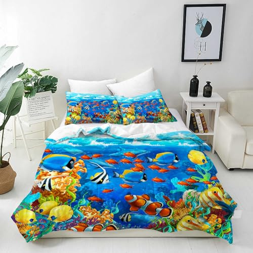 ANHOPE Housse de Couette Océan Tropical Poisson 140x200 cm avec 1 Taies d'oreiller 65x65 cm Doux Microfibre Parure de Lit avec Fermeture Éclair 2 Pièces Literie pour Enfants Garçons Filles