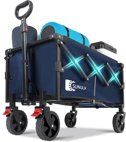 Sunula 220LBS Folding Camping Trolley, Heavy Duty 120L Large Capacity Garden Wagon Cart with All-Terrain Wheels, Lightweight Outdoor Utility Foldable Festival Trolley for Grocery, Shopping, Blue