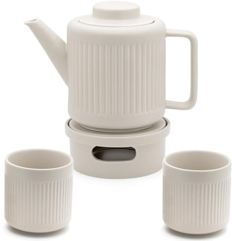 Bredemeijer Teekanne Set 1.2 Liter weißes Porzellan mit Edelstahl Tee-Filter Sieb-Einsatz für losen Tee & Teebecher 2 Stück & Stövchen für 1 Teelicht - ideal für duftende & blumige Teesorten