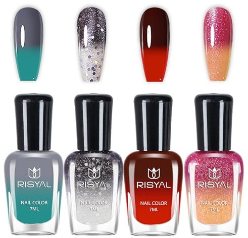 4 Farben Nagellack Set - Farbwechselnder Kit Mit Temperaturkontrolle - Nagelkunst-Design für DIY Maniküre ohne UV-Lampe (Grün Rot Schwarz Set C)