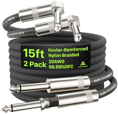 AA AUDIO ACCESSORY Right Angle Guitar Cable 4.5m 2 Pack, Kevlar-Reinforced 10X Heavy-Duty Nylon Braided, 20AWG 99.99% OFC 1/4 Instrument Cable, Shielded Guitar Lead for Fender Electric Guitar