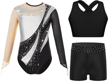 FEESHOW Mädchen Gymnastikanzug Langarm Glitzer Mit Kurze Hose Und Tank Top A_Silber 134-140