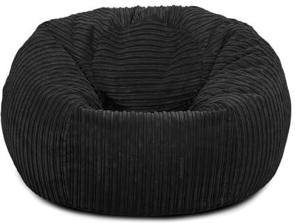 Bags of Beans Adult Corduroy Bean Bag Pre Filled - Comfortable Lounger Chair - Breathable Fabric Recliner Beanbag Seat for Living Room, Gaming and Bedroom Furniture 92(D) x92(W) x57(H) (Black)
