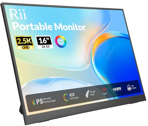 Rii 2.5K Portable Monitor,16 Inch 2560x1600 QHD 403nits,Portable Monitor for Laptop with16:10 IPS HDR Eyes Care &100% sRGB, PC Monitor with Kickstand for PC/Mac/PS4/5/Xbox/Switch USB-C HDMI Monitor | Ultra-Slim Lightweight , USB-C HDMI Second Screen for Laptop MacBook Xbox Switch PS4/5, VESA Mountable,Built-in Speaker